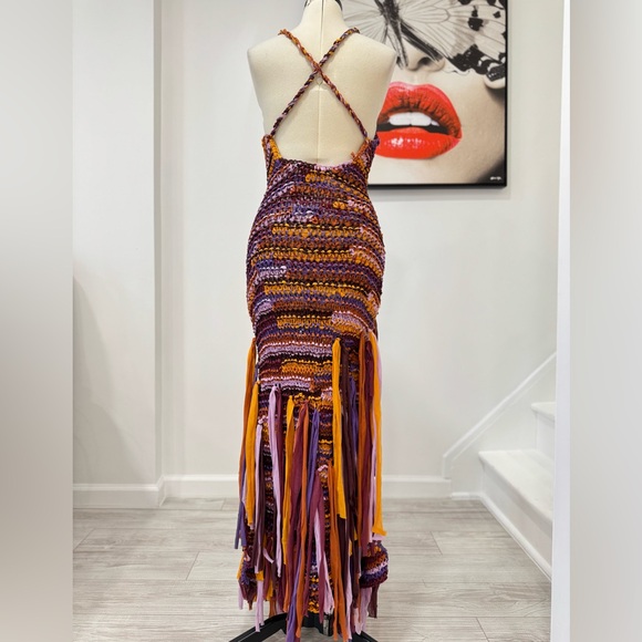 ULLA JOHNSON Emmalina Crochet Fringe Cotton & Silk Maxi Dress in Violet Orange - Picture 8 of 14